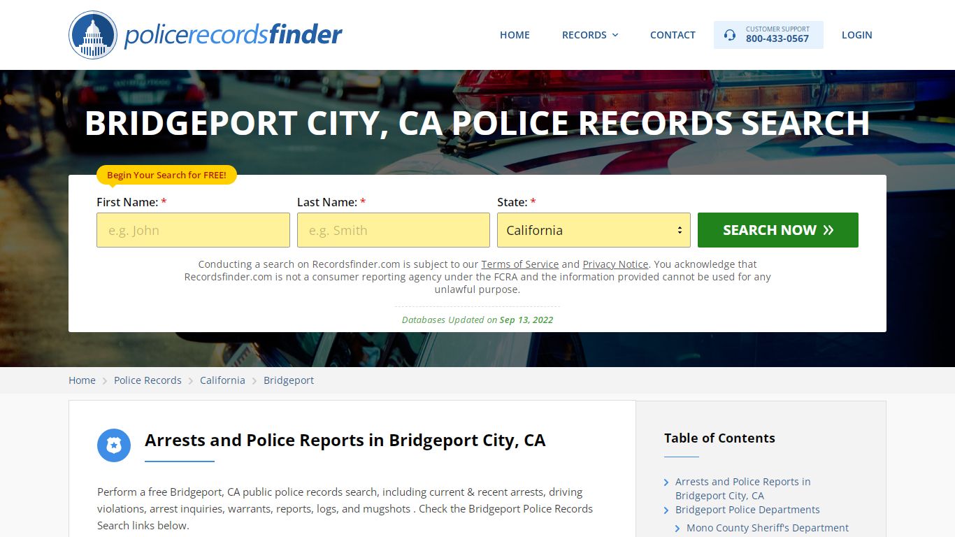 BRIDGEPORT CITY, CA POLICE RECORDS SEARCH - RecordsFinder