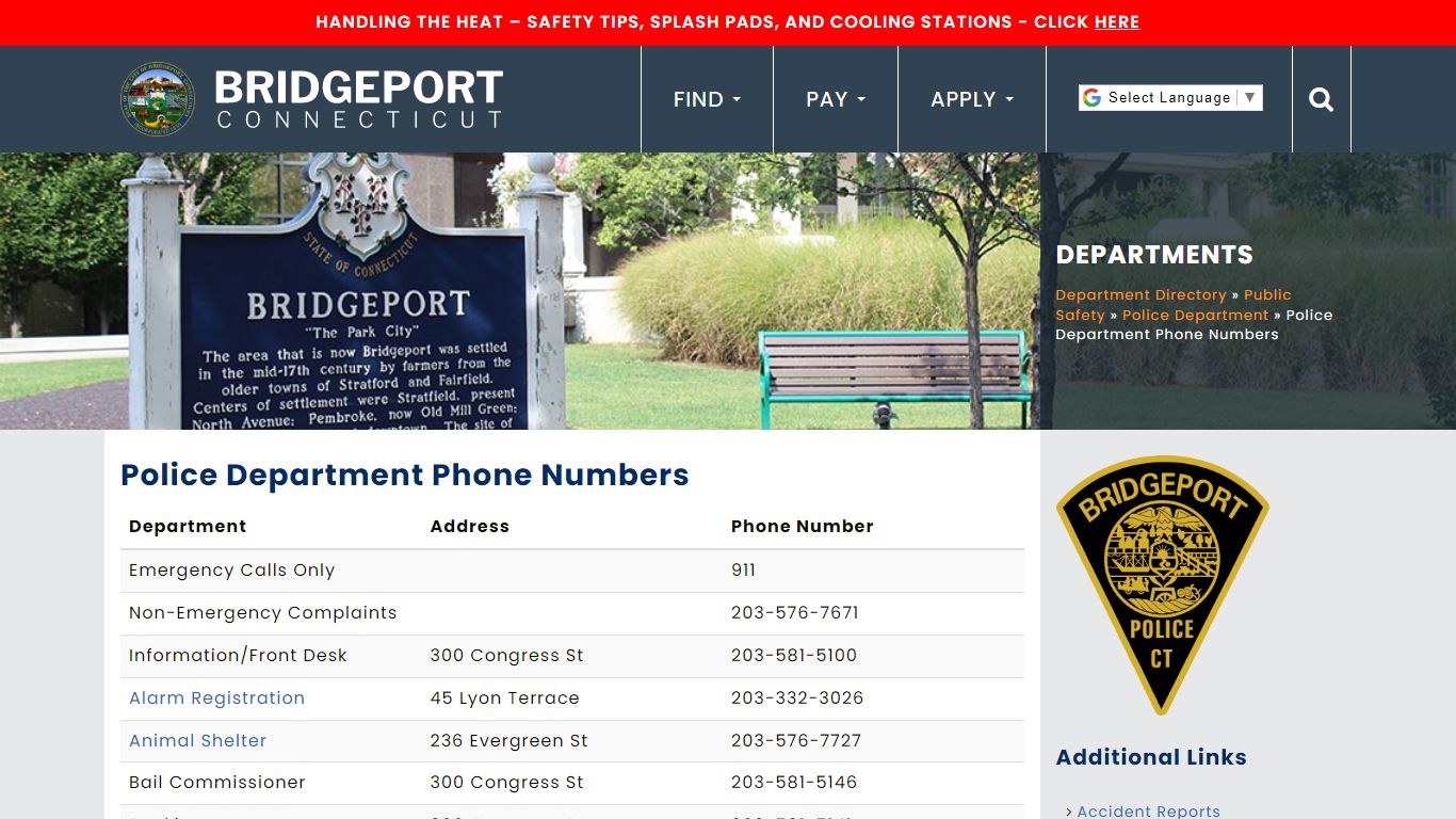 Police Department Phone Numbers - Bridgeport, CT